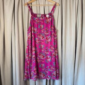 Nymphe Hot Pink Rose Floral Chiffon Swing Dress Double Strap Keyhole Back Size M